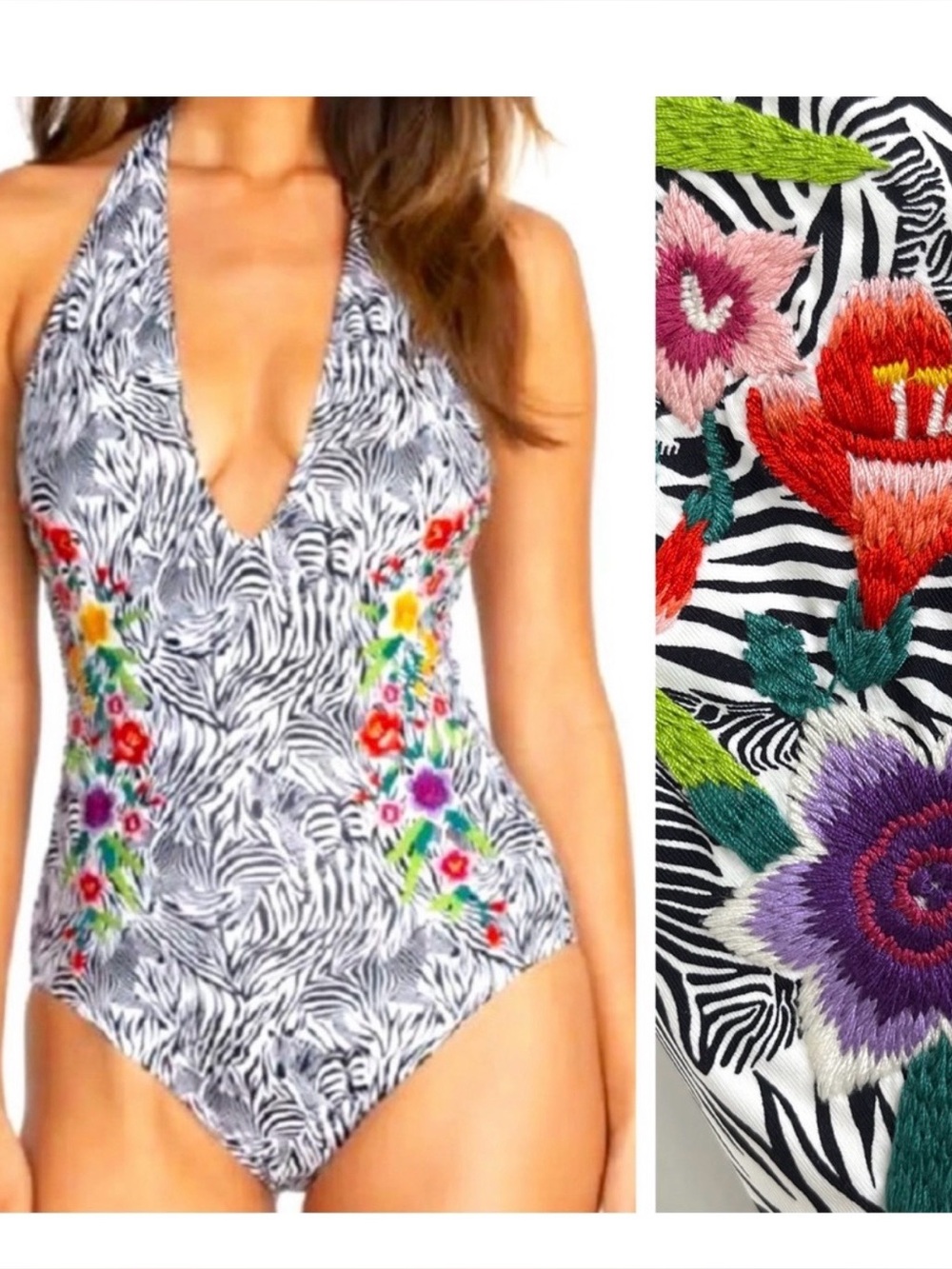 Johnny Was Black and White Zebra Print One-Piece with Colorful Floral Embroidery